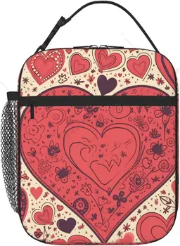 Valentine's Heart обяд чанта за жени мъже изолирани многократна употреба обяд кутия охладител чанти със страничен джоб за работа офис пикник