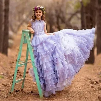 Лилава принцеса рокля пухкави цвете момиче рокли линия Comunion рокли цвете момиче рокли за сватби