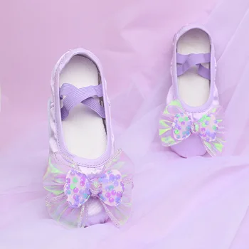 Синьо, розово, лилаво Момичета Танцови обувки Мека подметка Детски балет Танцуваща обувка Сладка сценична изложба Котешка лапа обувки Аксесоари за лък