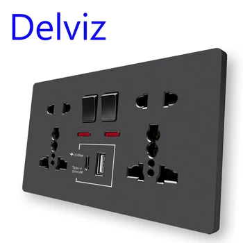 Delviz Стенен контакт за бързо зареждане, 18W Type-C портове, Управление с двоен превключвател Универсален електрически контакт, Великобритания Стандартен USB интерфейс гнездо