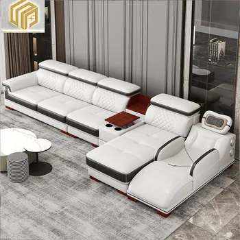 Многофункционален кожен диван, модерна и семпла комбинация от ъгли в хола, скандинавски интелигентен масаж, ляв и десен благороден