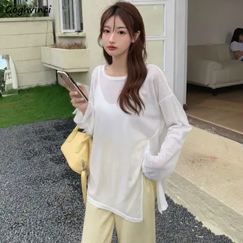 Side-цепка тениски Жените слънце доказателство прозрачен тънък хлабав чист дишаща лятна мода колеж комфорт Harajuku корейски стил
