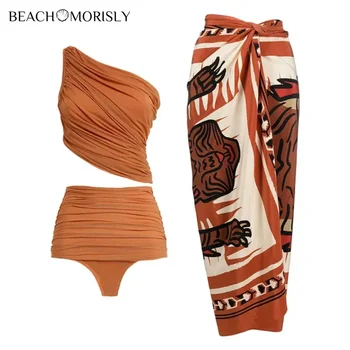 2024 One Shoulder High Waist Bikini Swimsuit and Sarong Women's Swimwear One-piece Beachwear бански костюм tankini