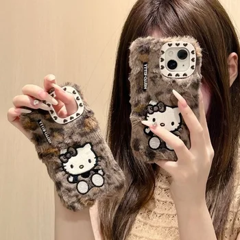MINISO оригинален Hello Kitty сладък прост IPhone15 плюшен калъф за мобилен телефон Sanrio аниме Kawaii Girly сърце защитен калъф за телефон