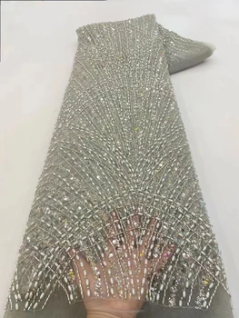 африкански младоженец Дантелени тъкани с пайети Високо качество 2023 Френска тръба Мъниста Mesh дантелени тъкани Сватбена рокля Материал Шиене XZ