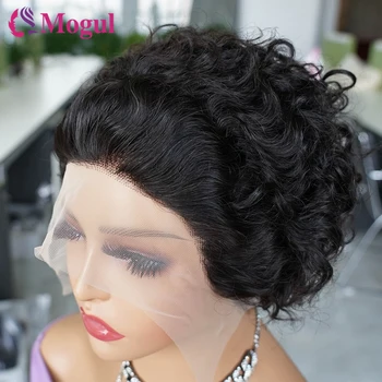 Pixie Cut Wig 13x1 Прозрачна дантелена перука Предварително оскубана натурална цвят 1B/27 P4/27 99J Цвят Къси къдрави перуки за човешка коса за жени
