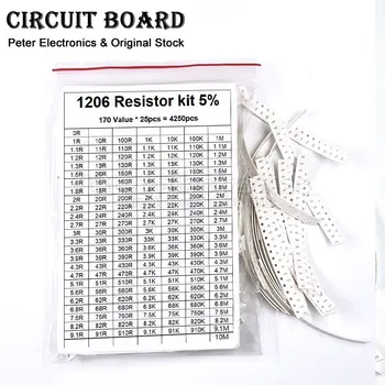 4250Pcs Комплект резистори 1206 SMD резистор асорти комплект 1R -10M Ohm 1% 170valuesX 25pcs 2.2 / 2.4 / 2.7 / 3 / 3.3 / 3.6 / 3.9 / 4.3 / 4.7 / 5.1 R
