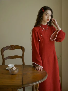 Китайска роба жените реколта елегантен формован карирана риза есента подобрение 2024 нови момичета младежта високо качество Qipao дълга рокля