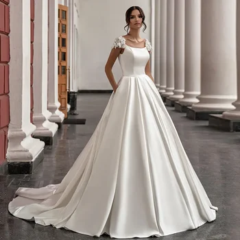 Прости сатенени сватбени рокли A-Line капачка ръкав квадратно деколте булчинска рокля със съд влак принцеса бала рокля Vestidos De Novia