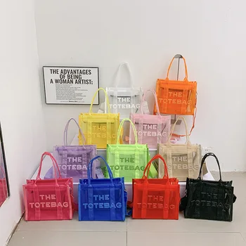 Tote чанти за жени мода тенденция прозрачна мрежа дами рамо чанти бонбони цветове голям капацитет писмо кръст тялото чанти