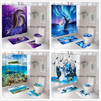 Океански подводен свят Весел 3D печат Баня завеса комплект тоалетна капак баня мат комплекти риба делфин плат душ завеси