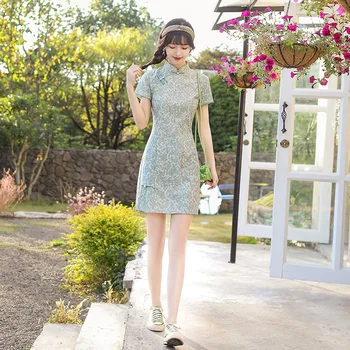 2023 Лято нов памук коноп мини qipao момиче подобрена ежедневна мода ретро млад Cheongsam китайска традиционна рокля плюс размер 5XL