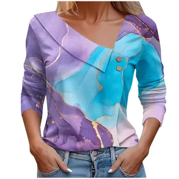 Мода Цветни печатни Skew яка Жени T риза дълъг ръкав бутон случайни пуловер върховете пролет есен All-мач Lady T ризи