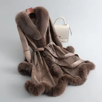 Fox кожена яка интегрирано палто за жени, средна дължина, 2023 нова цяла кожа заешка кожа, Haining кожа зимно палто за жени