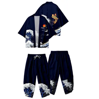 Комплект кимоно и панталони Жилетка Жени Мъже Японски Obi Мъж Yukata Мъжко палто за печат на шаран Haori Wave Традиционно японско облекло