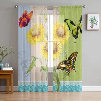 Цвете слънчоглед пеперуда тюл Voile завеси за спалня прозорец завеса за хол отвесни завеси щори органза завеси