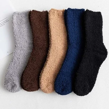 5 чифта Мъжки удебелени Mid Tube плюшени чорапи зимна топлина корали пухкави плътен цвят меки удобни мъжки спални етаж чорапи