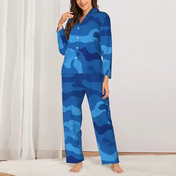 пижами Lady Blue Camouflage Leisure спално облекло Военен флот Camo 2 парчета реколта пижама комплект дълъг ръкав извънгабаритни дома костюм
