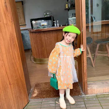 корейски есен нови момичета памук цветен балон ръкав сладък рокля дантела окото overclothes две части комплект Zljg