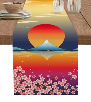 японски стил Mt. Fuji Cherry Blossom Sunset Table Runner Декорация на дома Декор Вечеря Декорация на маса Декор на маса