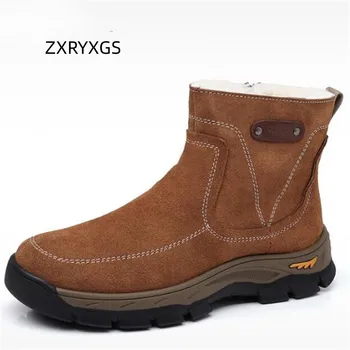 ZXRYXGS Зимни мъжки ботуши Памучни обувки Матирано телешка вълна ботуши 2024 Топли удобни мъжки обувки Снежни ботуши Обувки с плосък тренд