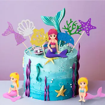 Русалка торта Topper океан момиче деца благоприятства Cupcake Topper торта знамена за рожден ден русалка парти сватбена украса