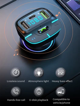 Car Bluetooth FM трансмитер Dual USB QC3.0 бързо зарядно устройство атмосфера светлина BT5.3 безжичен хендсфри аудио приемник кола MP3 плейър