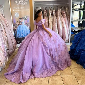 VD Луксозни пайети Рокли от лавандула Quinceanera 2024 Vestidos de 15 Anos Off-Shoulder Applique Lace Beading Официална рокля на принцеса