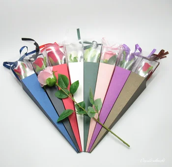 Свети Валентин роза цвете прозрачна кутия единична букет подарък кутия цвете опаковка PVC триъгълник кутия блясък хартия чанта