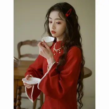 2024 Нова китайска република Китай стил Нова година война роба червен подобрен qipao рокля есен и зима голям ръкав cheongsam