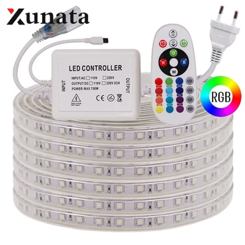 220V RGB LED лента водоустойчива IP67 60LEDs / m димер гъвкава лента лента 5050 LED светлина лента ЕС щепсел червено/зелено/синьо/бяло/жълто