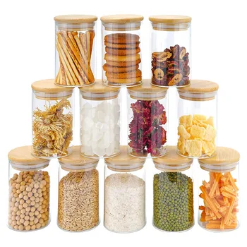 12Pcs стъклени буркани Set (300Ml),Clear подправка буркани с бамбукови капаци, хранителни буркани за съхранение на храни кутии за кухненски брояч организатор
