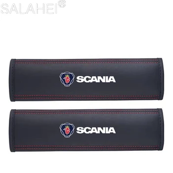 За емблемата на Scania 93 9-3 900 9000 2PCS Автомобилен стайлинг Кожен предпазен колан Подложки за регулиране на рамото Аксесоари за капак на автоматичен предпазен колан