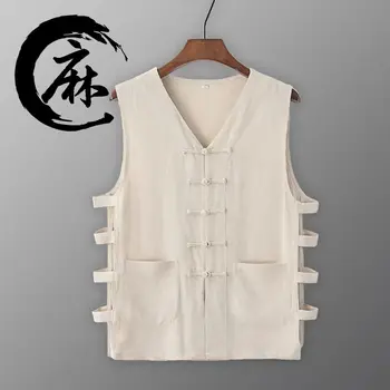 Лято случайни памук бельо без ръкави Tang костюм жилетка китайски традиционно облекло за мъже реколта риза тениска яке