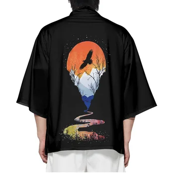 Мъже Черна печатна жилетка Риза Дамска роба Haori Kimonos Yukata Японски дрехи Летни азиатски улични облекла