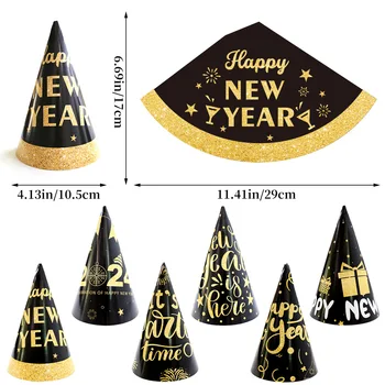 6бр 2024 Черно злато Честита Нова Година Хартиена шапка Новогодишно парти Детска новогодишна парти хартиена шапка