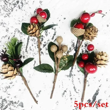 5pcs/set Коледни червени борови конусовидни клонки за празнична украса Поздравителна картичка Аксесоари за декорация на маса за хранене