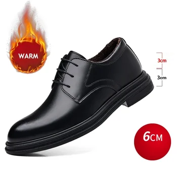 Зимни мъжки обувки за обличане на асансьори Обувки с топла кожа Ежедневни класически бизнес Повишаване на кожени обувки 8CM 6CM Мокасини По-висок мъжки