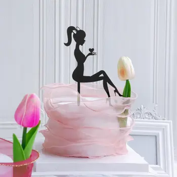 6PCS високи токчета жена силует модел момиче рожден ден торта декорация торта topper(черен)