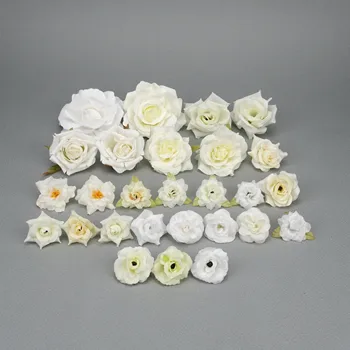 27Pcs/Pack Бяла роза изкуствена коприна цветни глави фалшив божур комбо комплект DIY сватбено тържество флорални стенни букети декор