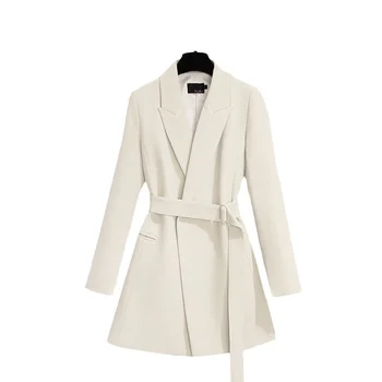 2023 Офис връхни дрехи жени случайни палто дама ревера яка дълъг ръкав твърди черни бели костюми колан нетактичност якета