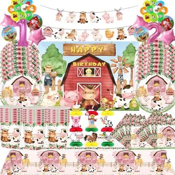 Нова розова ферма животни тема парти еднократна прибори за хранене купа плоча покривка балон банер момиче рожден ден парти декорации
