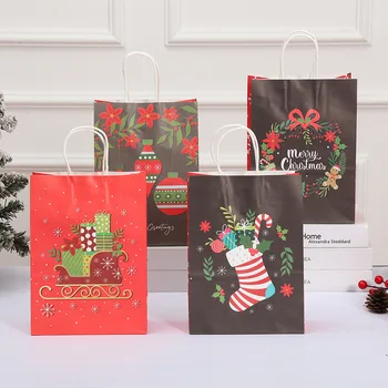 Весела Коледа хартиени подаръчни торбички Дядо Коледа лосове снежен човек отпечатани бонбони бисквитка опаковъчни чанти Navidad 2023 Коледно парти доставки