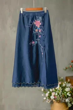 Нова дамска синя пола Реколта бродерия Памук висока талия дълга тюл пола национален стил A-LINE сладка пола дантела пола