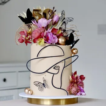 Line акрилна златна торта за рожден ден Абстрактен минималистичен мнималистки характер изкуство за жена рожден ден парти торта декорации