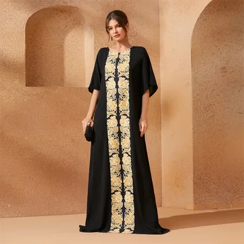 Abaya За жени Рамазан Арабска Турция Дълга рокля Златен печат Черна рокля Средно дълги ръкави О-образно деколте Дубай Гурбан Марокански Кафтан