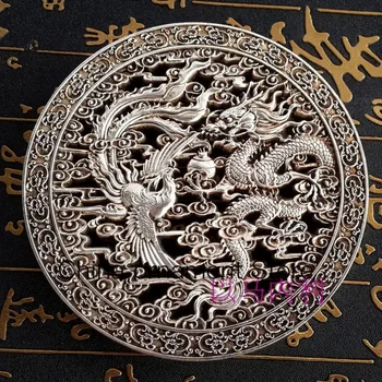 Изящен Китай Колекция Тибетски сребърен кръгла форма фъншуй Дракон и феникс късмет Статуя декорация на дома Плоча метални занаяти