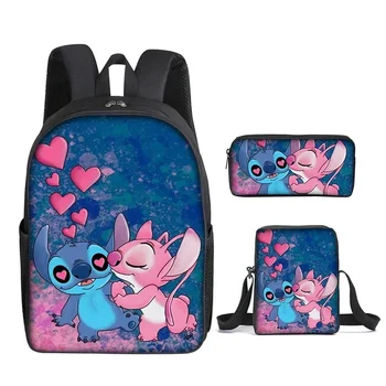 3PC-SET MINISO Disney New Stitch School Bag Primary School Student Print Cartoon Backpack Shoulder Bag Pen Case Set Mochila