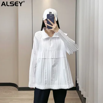 ALSEY Miyake нагънат стояща яка суитчър жени хлабав плюс размер есен нов случаен цип корейски топ дрехи за жени