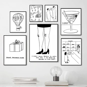 Черно-бял плакат Дейвид Шригли Абстрактно карикатура изкуство платно печат смешно коледна картичка красиви жени задника стая домашен декор